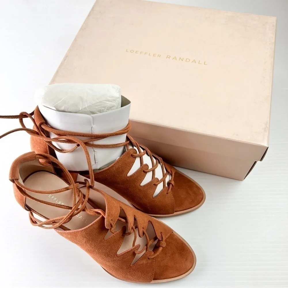 Loeffler Randall sandals womens 8 Helene Brown Lace-Up Split Suede Sandals